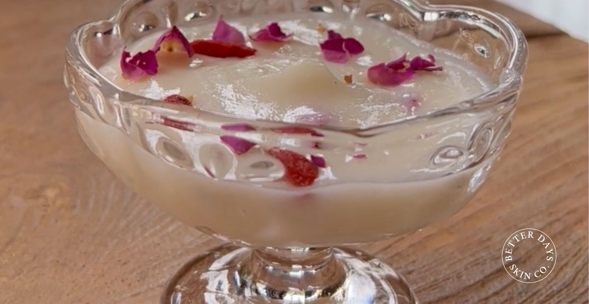 A TCM Summer skincare smoothie recipe that combines with the nourishing properties of Chinese yam, lily bulb, Fu Ling, apricot kernels, and lotus seeds to embrace summer while supporting our skin’s health and radiance.